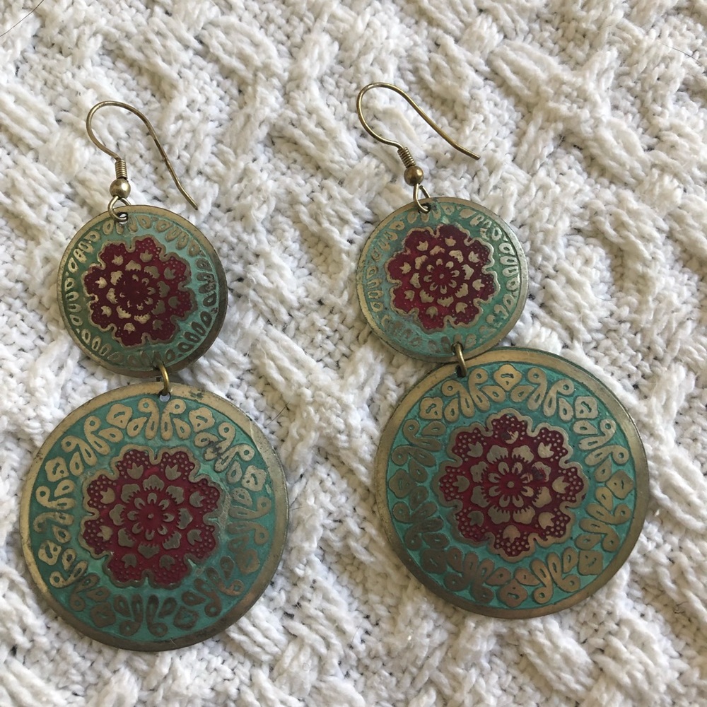 Dangly blue and pink flowered metal earrings